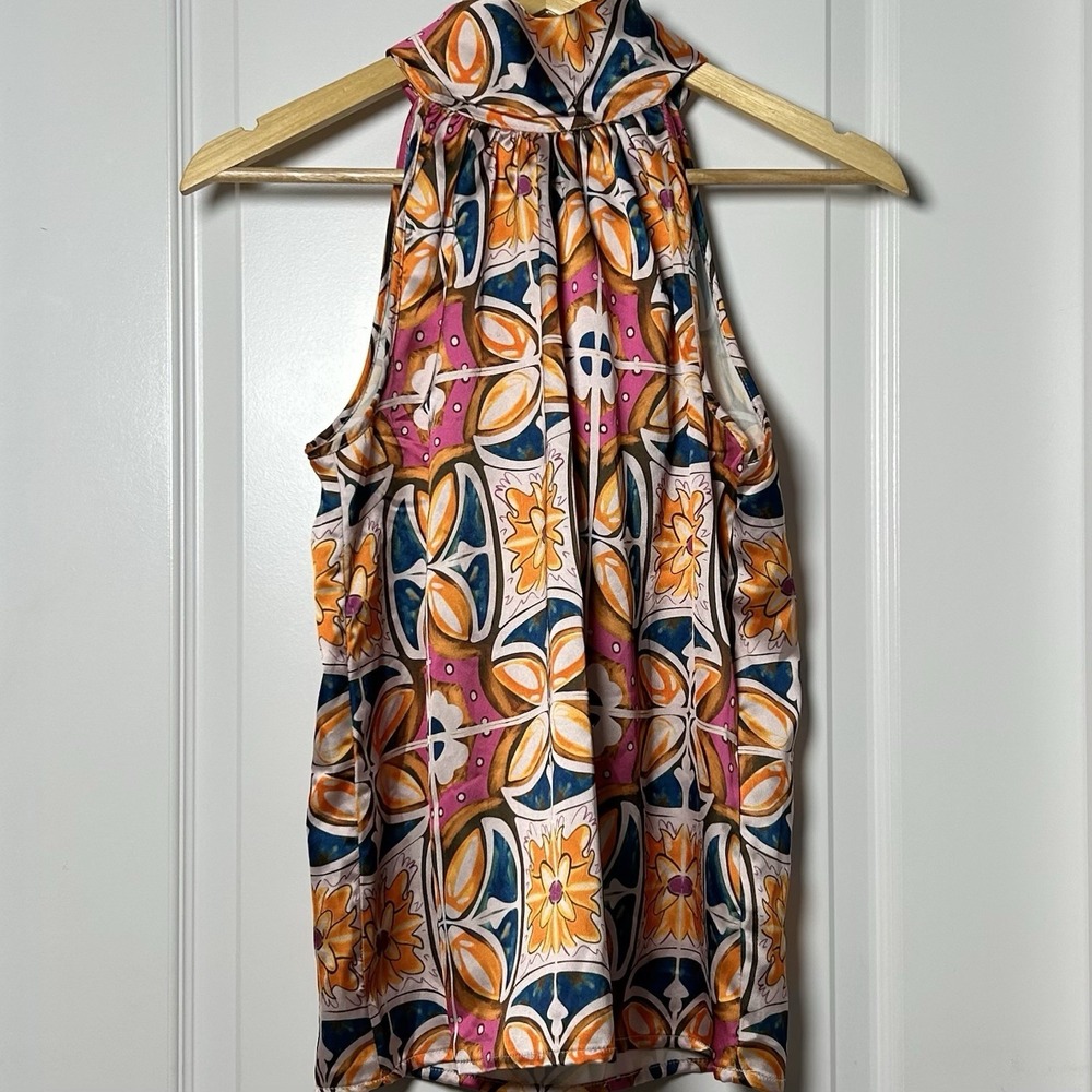 Rachel Zoe Satin Tile Print Flowy Halter Neck Tie Blouse Boho Tomato Girl Style
